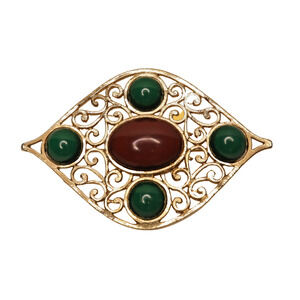 Coro Vintage Gold Tone Brooch Pin With Green And Brown Cabochons - 2.25 Inches